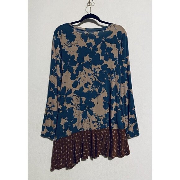 LOGO Lori Goldstein Top Womens Medium Floral Knit Tunic Asymmetrical Ruffle Hem - Picture 4 of 9